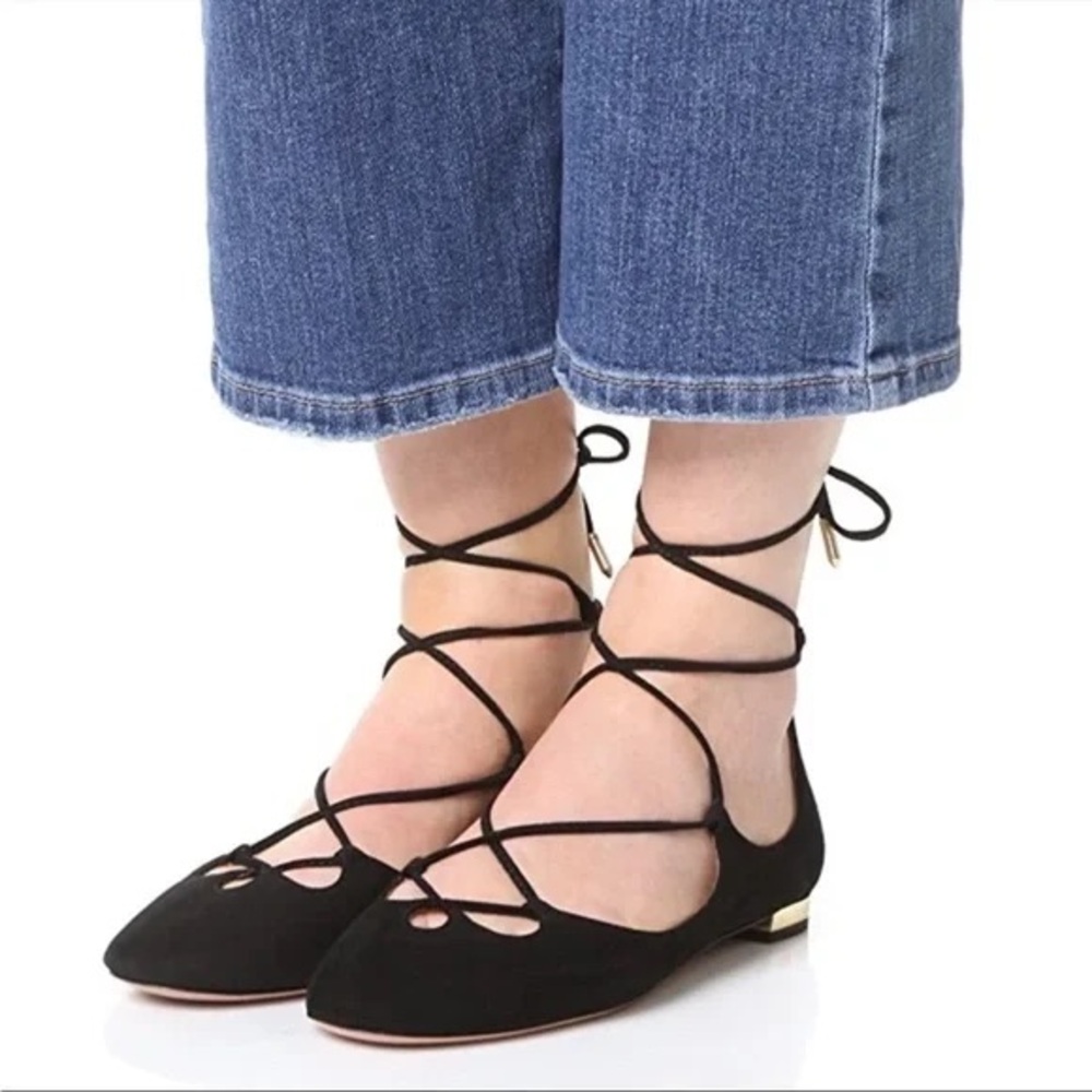 Aquazzura Dancer Ankle-wrap Ballet Flats in Black Suede Size EU 37